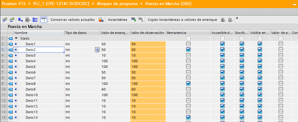 Valores de los datos de arranque Online del DB.