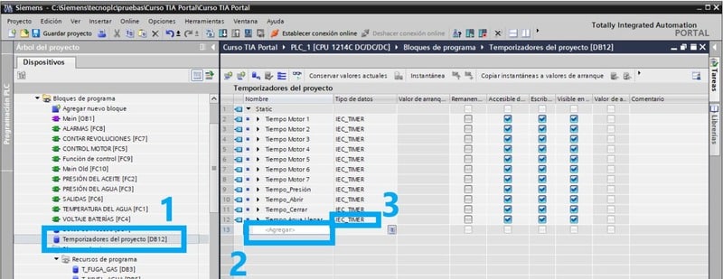 Cómo declarar un temporizador dentro de un DB de datos en TIA Portal