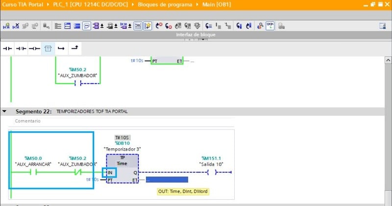 Condiciones previas en el parámetro IN de un temporizador Impulso