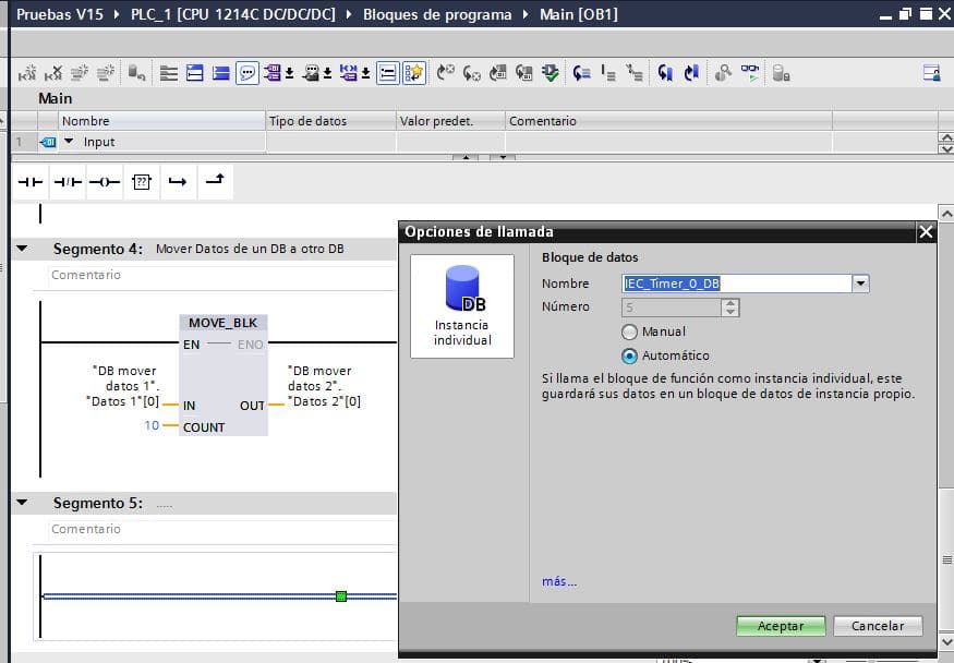 Cuadro de diálogo cuando insertamos temporizador en TIA Portal.