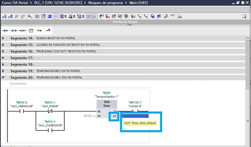 Parámetro ET de temporizadores en TIA Portal para conocer el valor actual