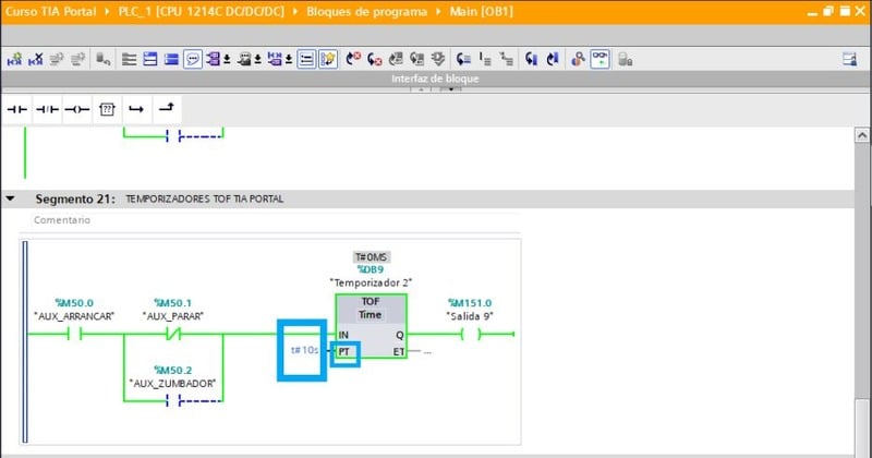 Parámetro PT para introducir el tiempo en temporizadores TOF en TIA Portal