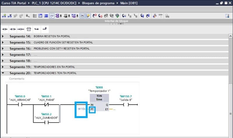 Parámetro PT para introducir el tiempo en temporizadores en TIA Portal