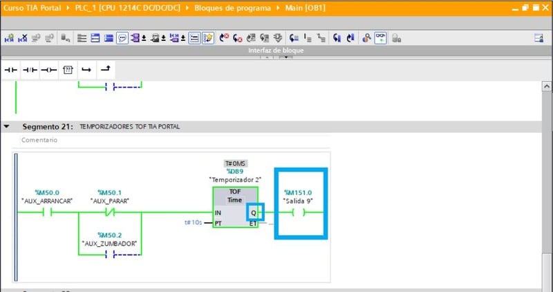 Salida de un temporizador TOF para activar unas bobinas o variables