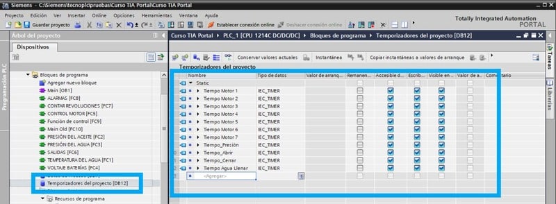 Temporizadores TIA Portal creados dentro de un DB de datos