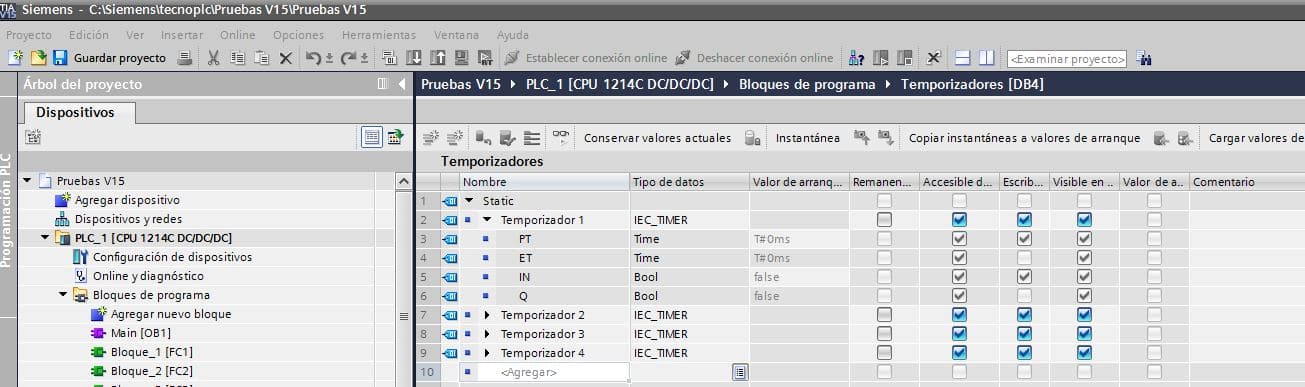 Temporizadores en TIA Portal creados en un DB de datos.