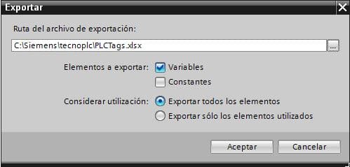 Ventana de opciones para exportar variables desde TIA Portal.