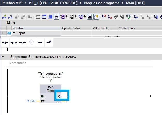 Salida Q de un temporizador en TIA Portal.