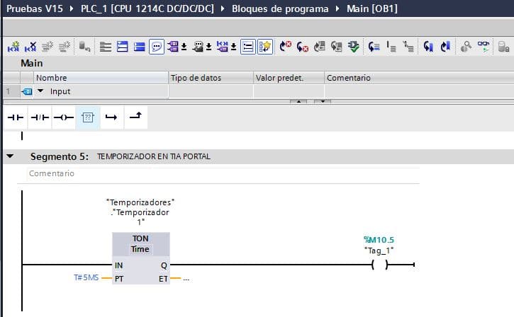 Utilizar la salida Q de un temporizador en TIA Portal en el mismo segmento.