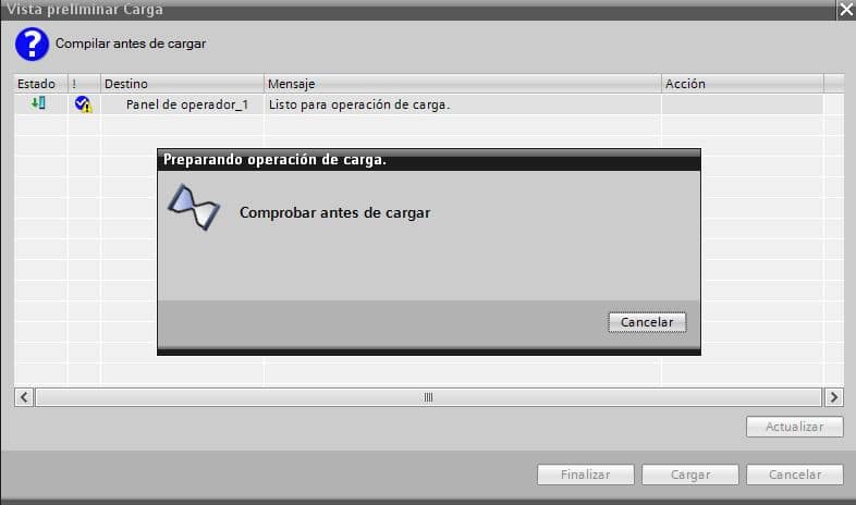 Cargar configuración en dispositivo PLC.