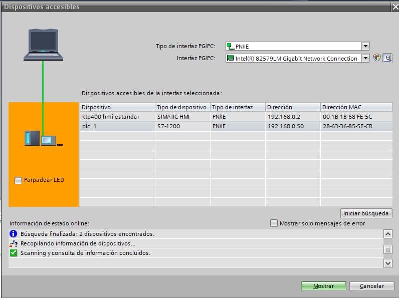 Establecemos conexión y TIA Portal encuentra los dispositivos accesibles.