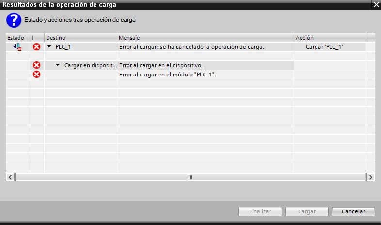 Nos aparece un error justo después de cargar el software a la CPU.