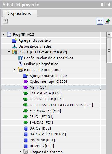 Bloques programa control plató televisión en TIA Portal.