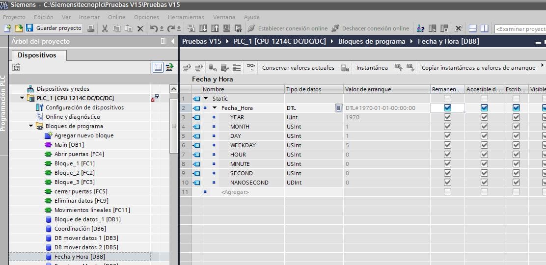 Crear variable para la fecha y hora en TIA Portal.