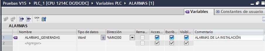 Ejemplo de variable para alarmas generadas.