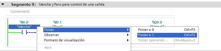 Forzado de entradas no habilitado en TIA Portal.