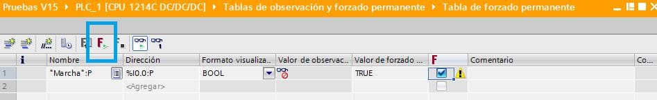 Forzar entradas en TIA Portal en la tabla de forzado.