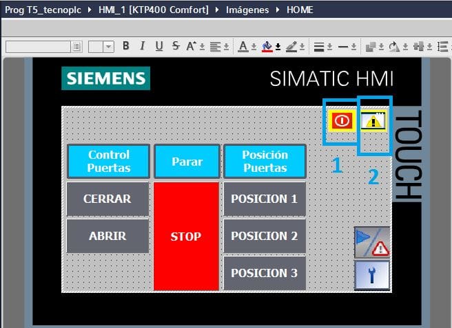 Pantalla principal con iconos de alarmas.