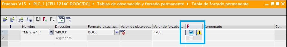 Seleccionar la casilla para forzar entradas en TIA Portal.