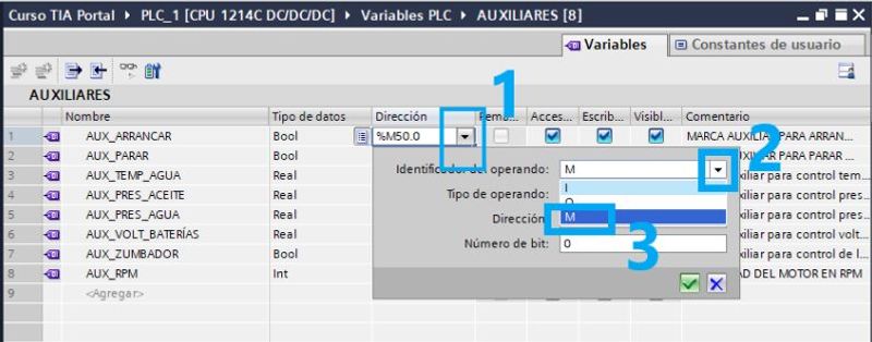 Cómo elegir el tipo de variable dentro de la tabla de variables PLC