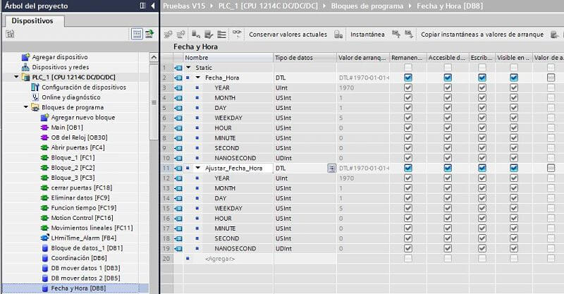 Crear variable para actualizar fecha TIA Portal en el proyecto de PLC