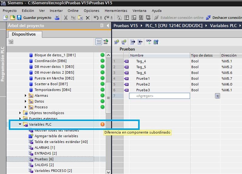 Tablas de variables en TIA Portal V15 mejoradas y diferencias