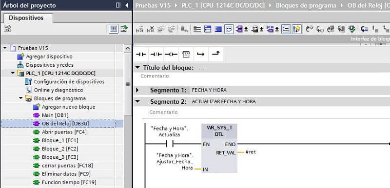 Función escribir datos en el Reloj TIA Portal