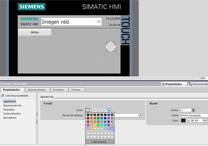 Propiedades del círculo en la HMI para cambiar su color