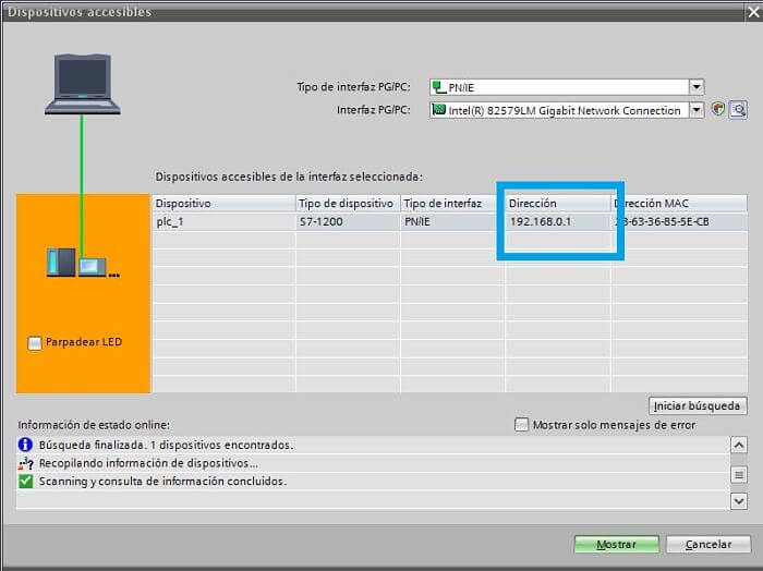 Dirección del PLC detectada en TIA Portal