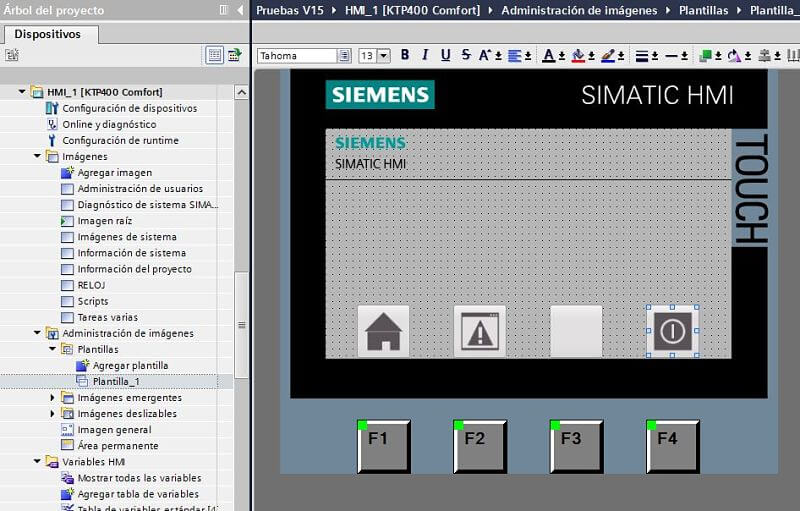 Plantilla TIA Portal HMI por defecto en el proyecto