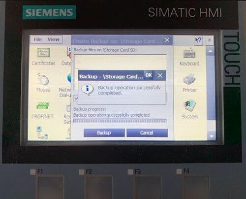Proceso de Backup programa HMI guardado de datos finalizado