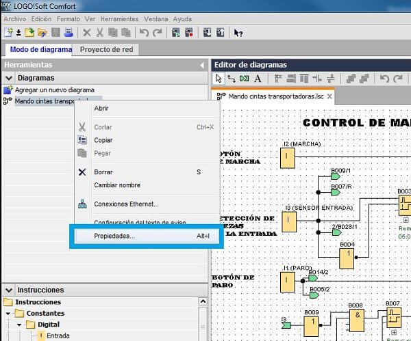 Propiedades del proyecto en LOGO!Soft Comfort