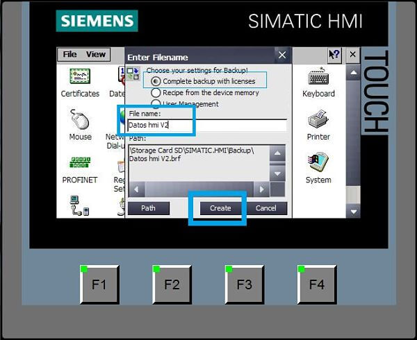 Seleccionar Backup programa HMI completo y dar nombre