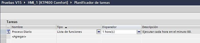 Seleccionar crear tarea TIA Portal con disparador de 1 hora