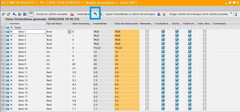 Cargar datos DB TIA Portal generando una instantánea del valor Online