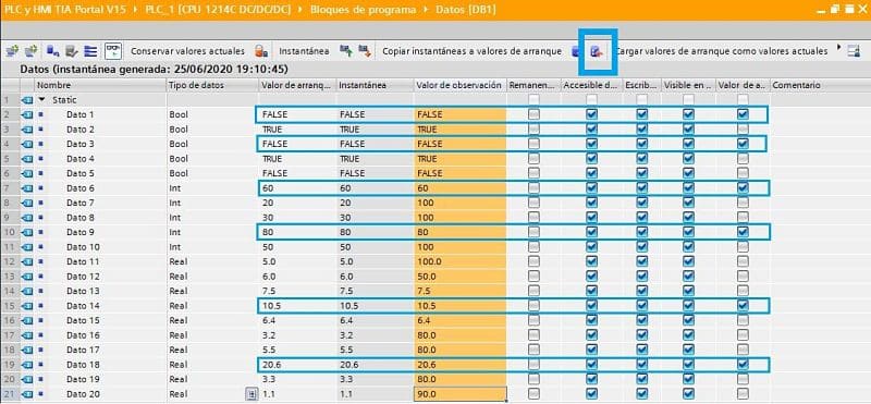 Cargar datos DB TIA Portal cómo guardar datos de CPU Online
