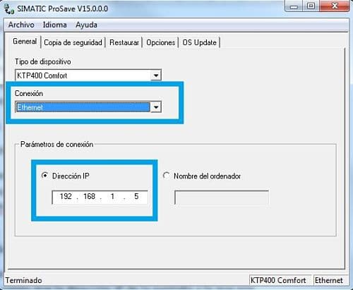 Configurar dirección IP para guardar programa HMI en el PC