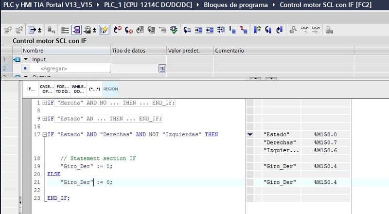 Control del giro a derechas utilizando los condicionales en SCL TIA Portal