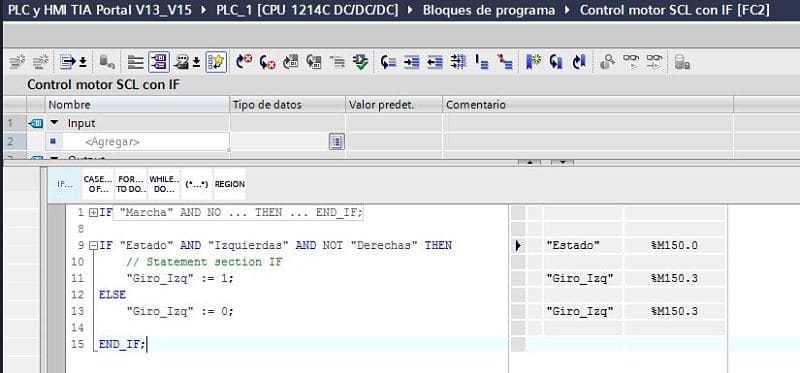 Control del giro a izquierdas en programa SCL control motor con IF