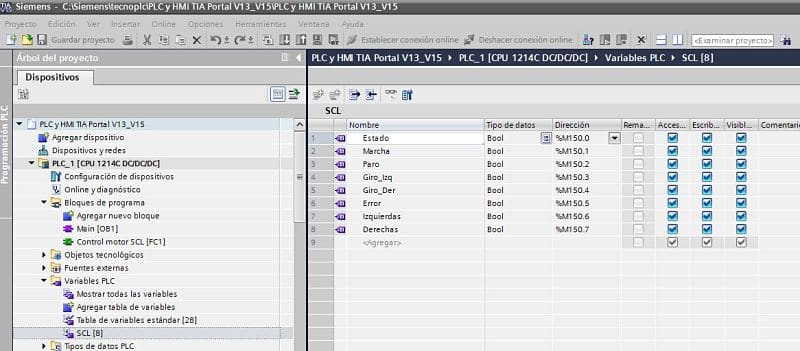 Crear tabla de variables en proyecto SCL control motor con IF