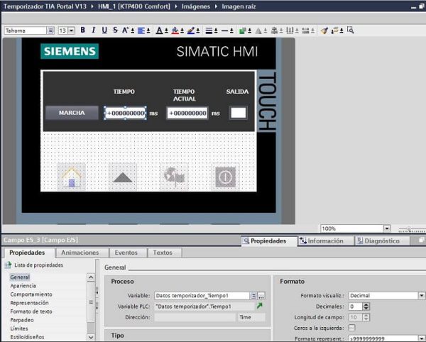 Datos del temporizador TON TIA Portal en la HMI