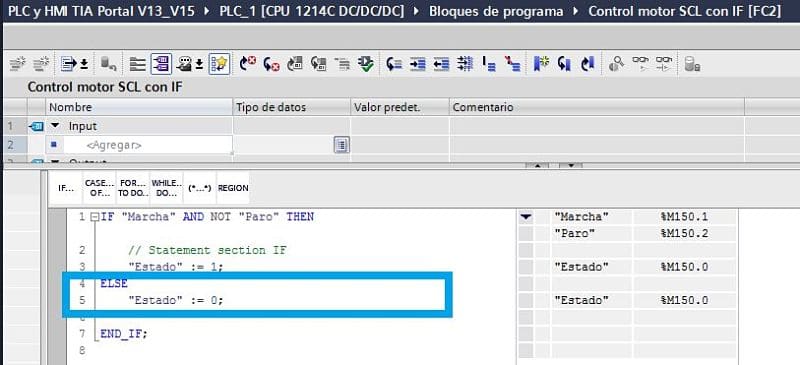 Ejecución de la sentencia ELSE en programa SCL control motor con IF