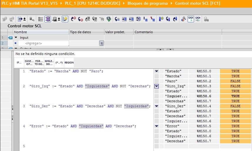 Error activado en la programación SCL control motor.