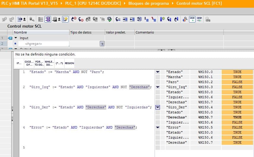 Giro a derechas activado Online en la programación SCL control motor.