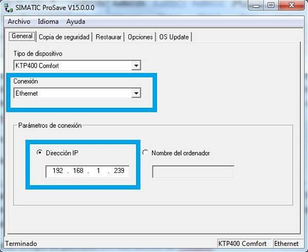 Seleccionar conexión y dirección IP para grabar programa HMI en el Prosave