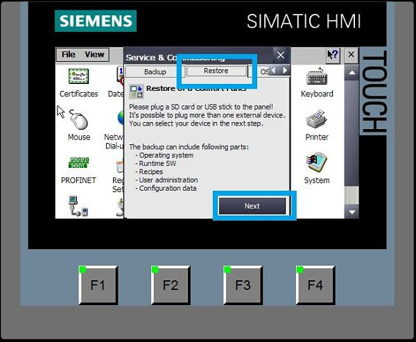 Seleccionar la pestaña para Restore programa HMI