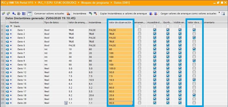 Seleccionar valor de ajuste para cargar datos DB TIA Portal