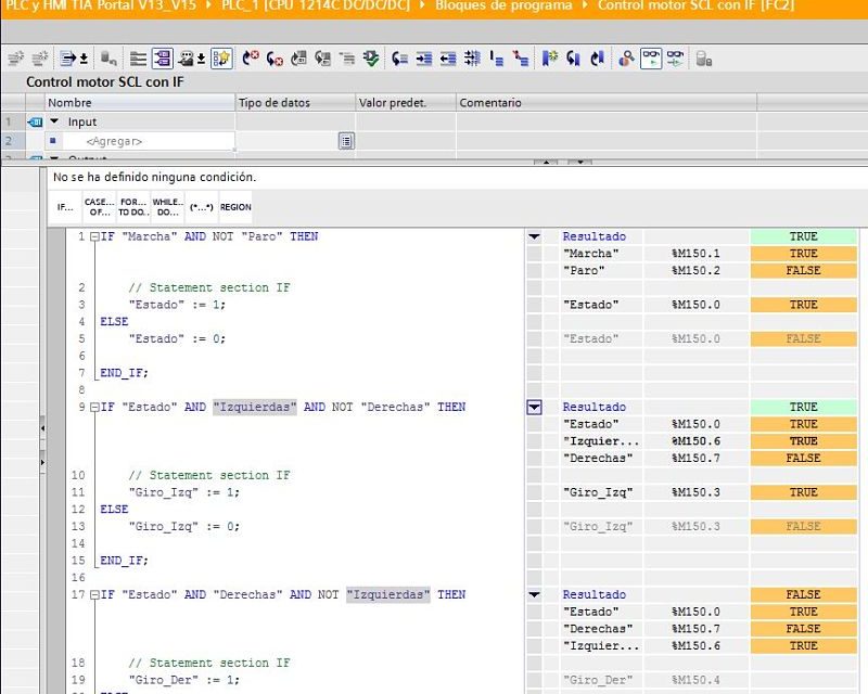 SCL control motor con IF usando condicionales en TIA Portal