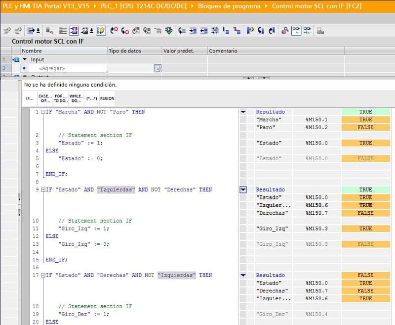 Simulación del programa SCL control motor con IF