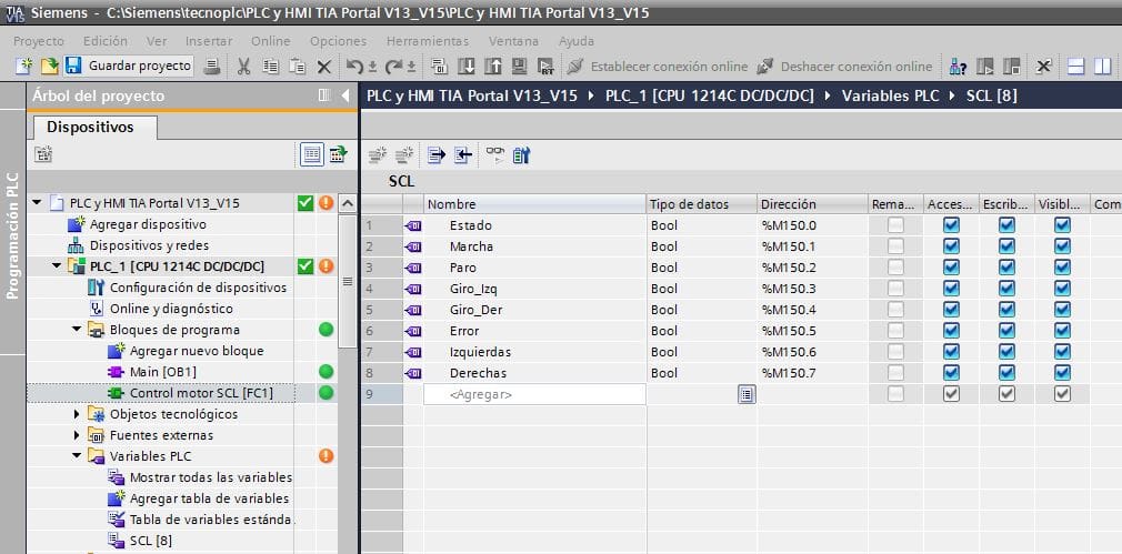 Tabla de variables para programación SCL control motor.